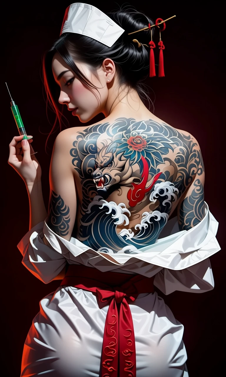 trany - Ultra-realistic warm lights photograph low view of a beautiful East Asian nurse in her mid-20s,wiring a nurse's cap on her head,viewed from front at a three-quarter angle,her head turned slightly to the side showing her elegant profile and closed eyes, seing the camare on his shoulder, big Brest.She has flawless porcelain skin with realistic skin textures,visible pores,subtle muscle definition,giant Brest and tits coverd by Tattos, round ass and butt, and natural sheen under soft lighting.Her entire back is covered in an incredibly detailed,vibrant full-back Cup of Hygieia, symbol of pharmacist tattoo masterpiece featuring a fierce serpiente emerging from turbulent waves, — all rendered with perfect ink shading,texture,and depth.She wears a nurse's coat,dramatically slipped down to her waist,exposing her full tattooed back,the fabric artfully draped and tied with a red obi sash.red and black dark background, Her jet-black hair is styled in a sleek,high bun with red kanzashi hairpins and loose strands framing her face.In her right hand she holds a syringe with a green liquid,synimatic movie scene.